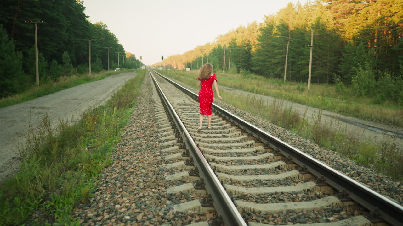 Rear view of woman in red dress running barefoot on rail track while looking back, surrounded by green forest and utility poles under warm evening sunlight with visible rural structures in background