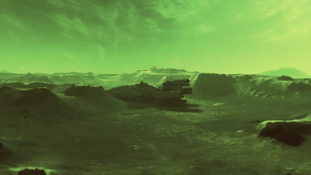 High quality cinematic 3D CGI render of a alien landscape scene flyover with the vast hulk of a crashed derelict spaceship, dead and long abandoned on the valley floor, in alien green color scheme