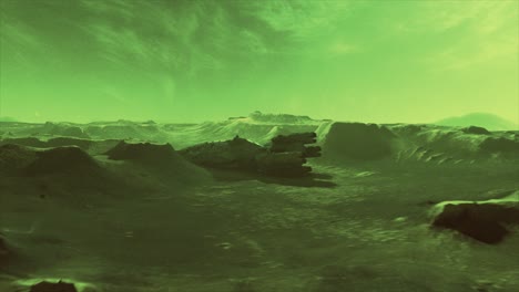 representación cgi 3d cinematográfica de alta calidad de un paisaje alienígena que sobrevuela con el enorme casco de una nave espacial abandonada estrellada, muerta y abandonada durante mucho tiempo en el suelo del valle, en un esquema de color verde alienígena