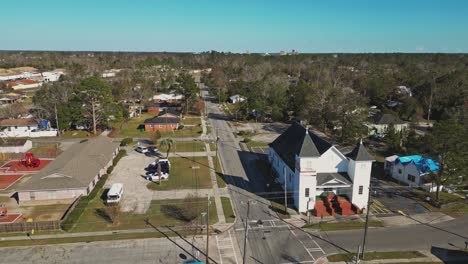 church in valdosta town on the county seat of lowndes county, georgia usa. aerial drone shot