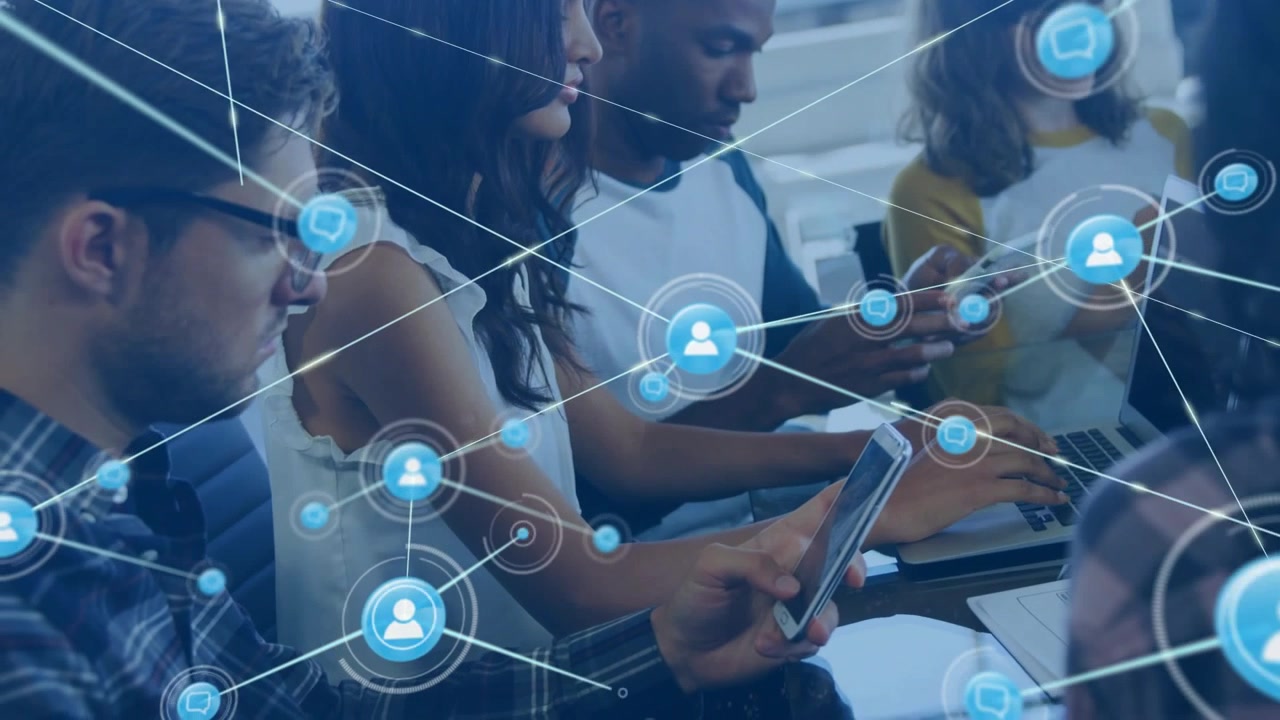 Vertical video: Peers using devices for training, net icon appearing then branching into dense web