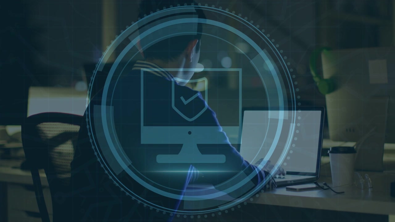 Man reaching for smartphone tapping while cybersecurity HUD scanning shield verifying security