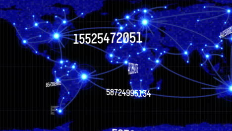 animación de la red de conexiones números cambiantes y procesamiento de datos sobre el mapa del mundo