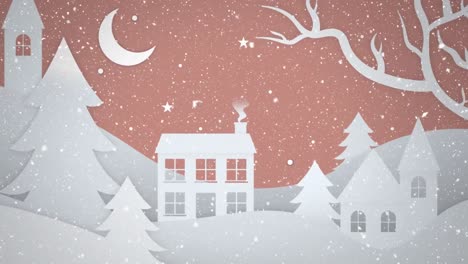 Animation-of-snow-falling-over-white-buildings,-trees,-moon-and-stars-and-pink-sky