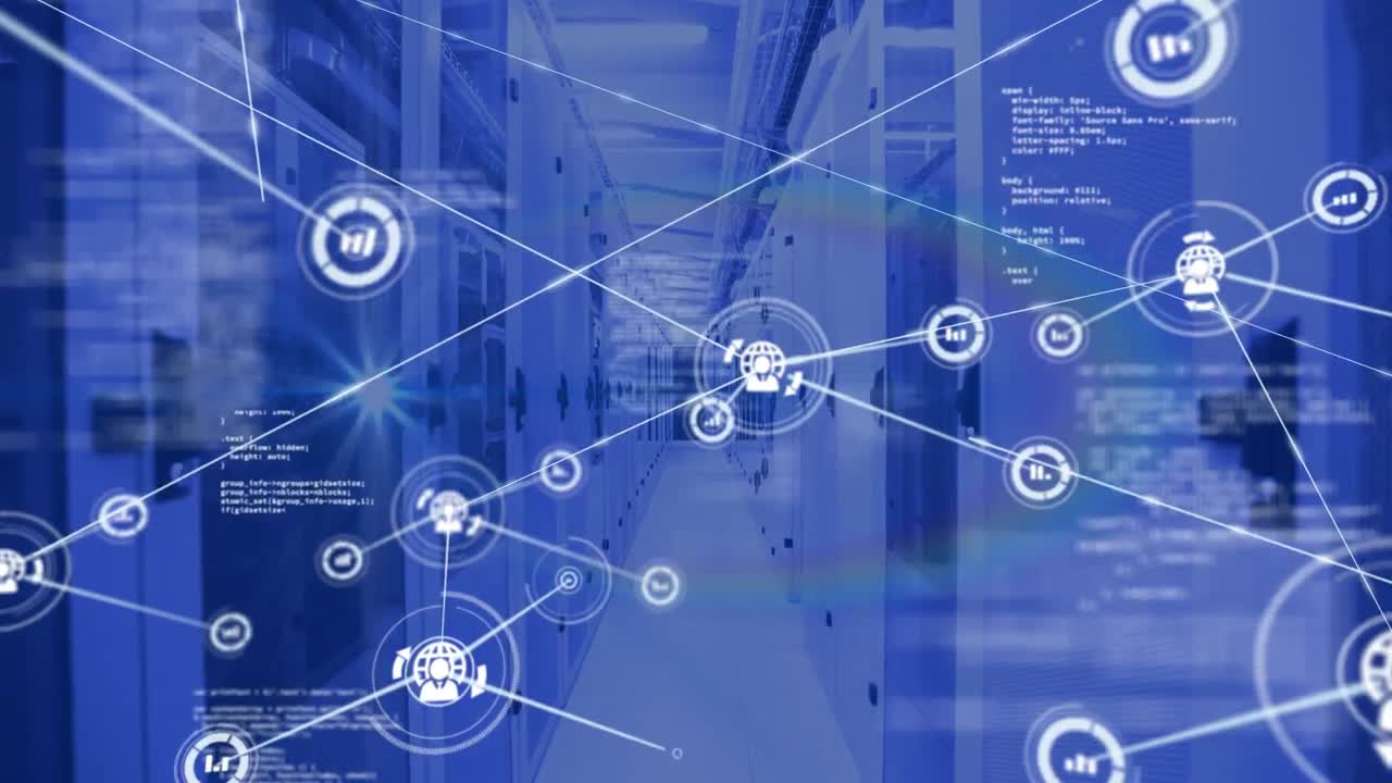 아이콘과 데이터 처리와 서버  ⁇ 을 통한 연결 네트워크의 애니메이션