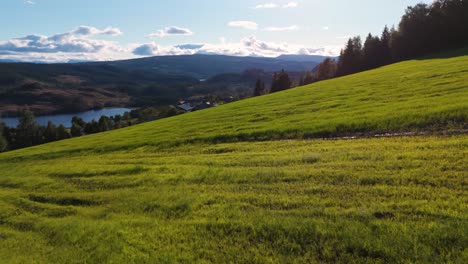 aerial landscape of rolling green hillside in besseggen, innlandet, norway, with scenic views of mountains and a serene valley