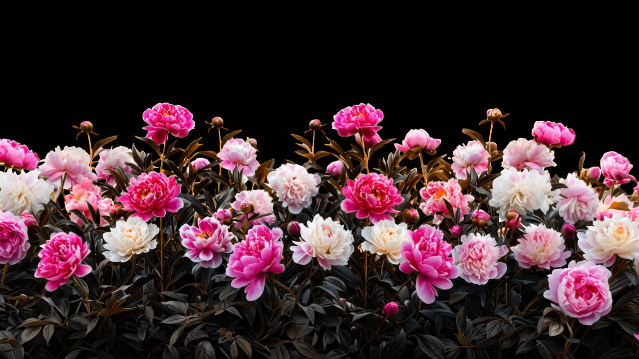 Vibrant peonies animated overlay, transparent 4K video, alpha channel, ProRes 4444