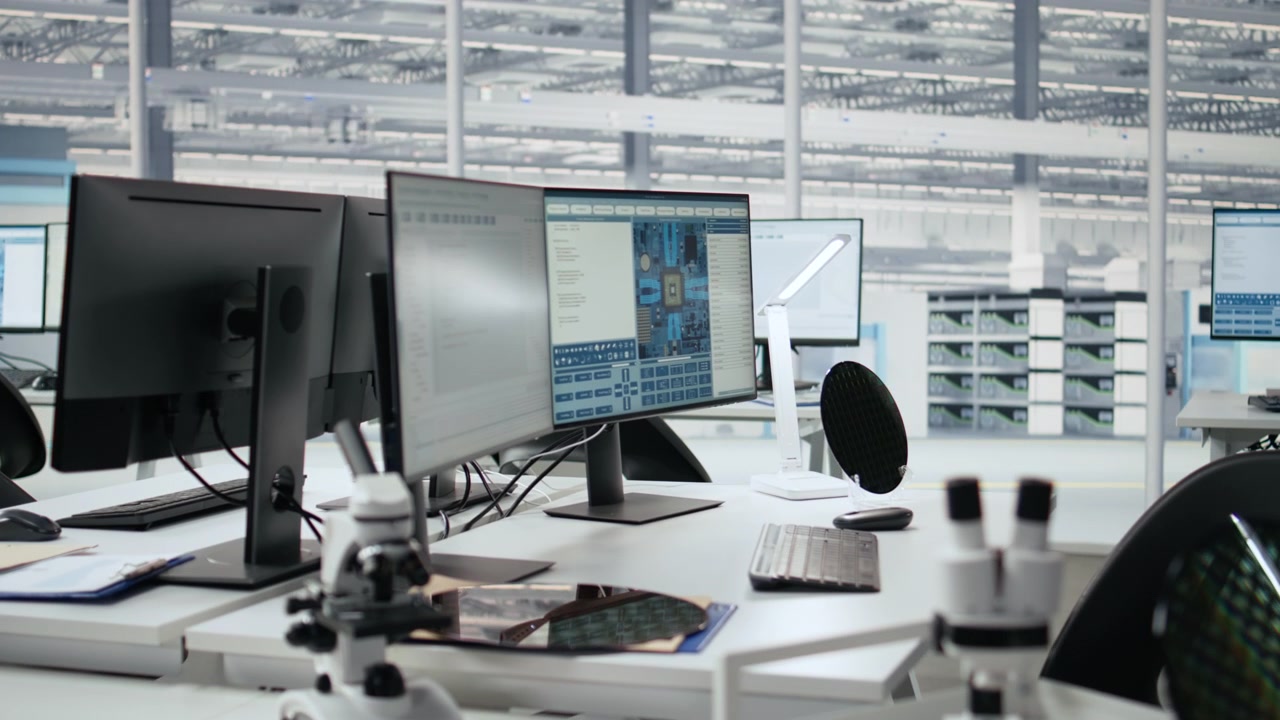 Empty semiconductor engineering office with computers