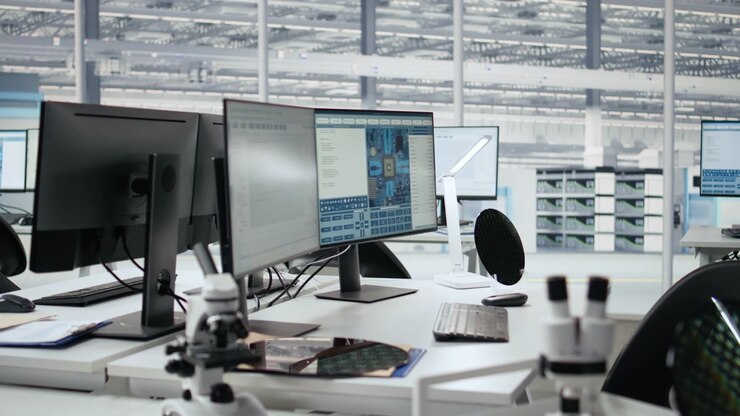 Leeg kantoor voor halfgeleidertechniek met computers