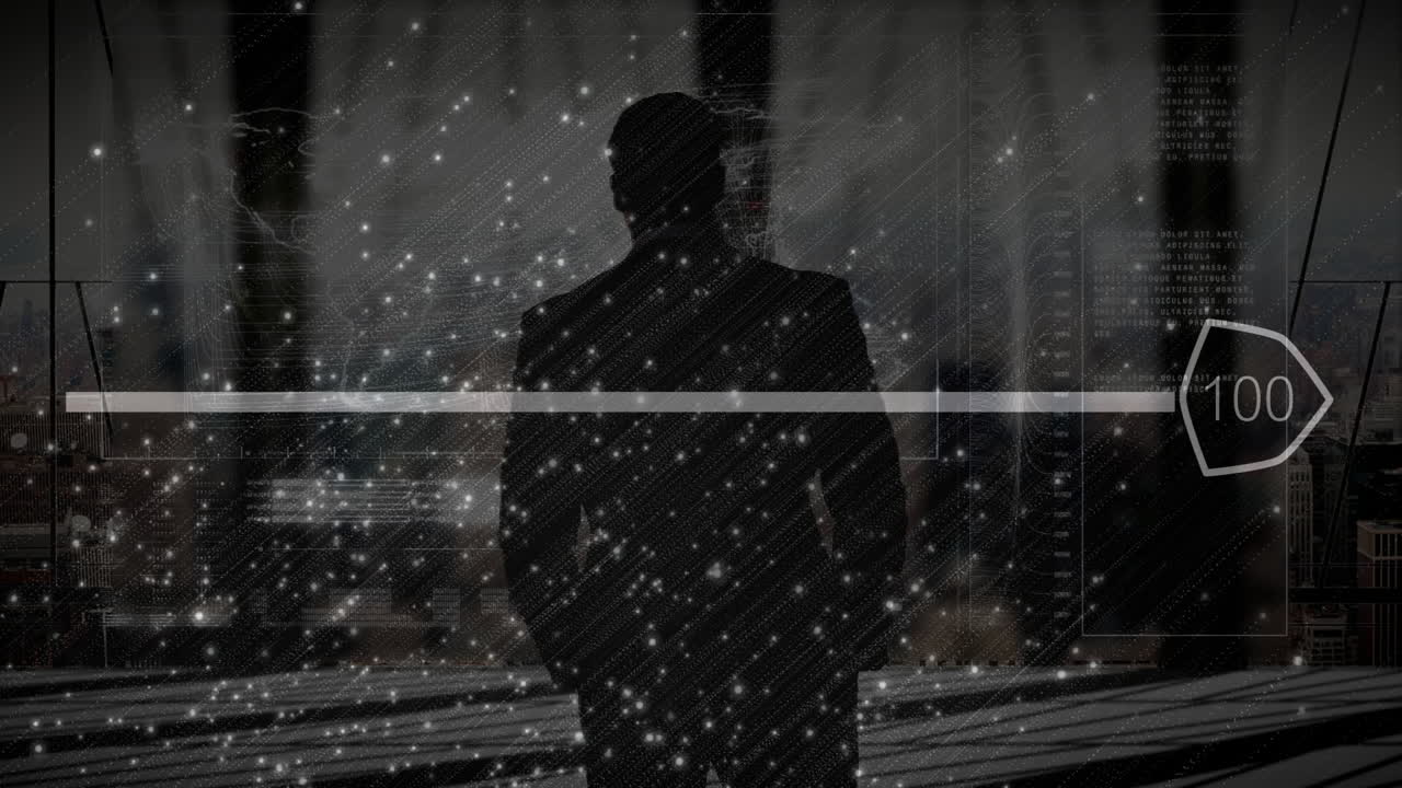 In school, child watching animation with digital data and particles overlay