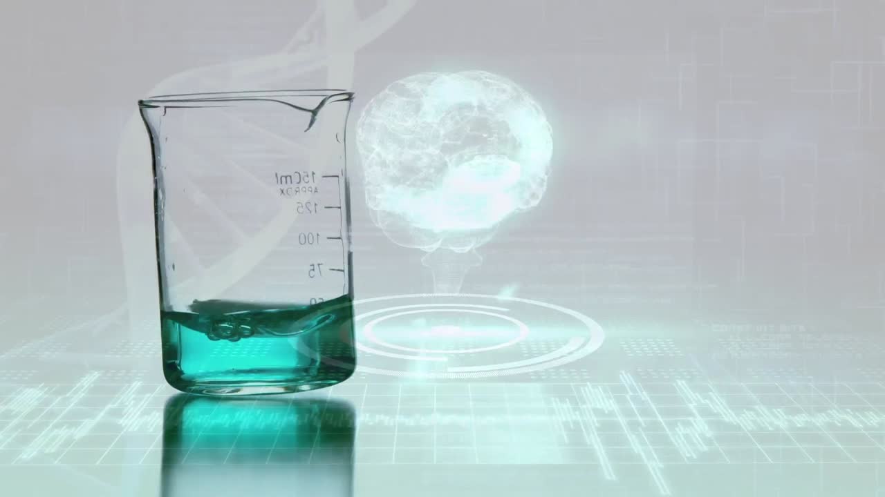 액체 잔 위에 있는 dna 가닥과 디지털 뇌의 애니메이션