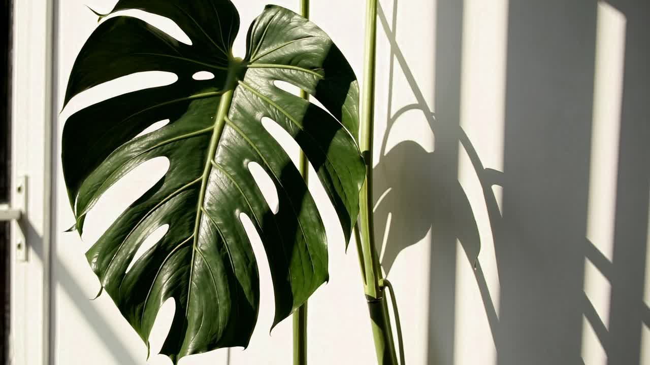 Close-up video of a Monstera leaf casting a shadow on a white wall