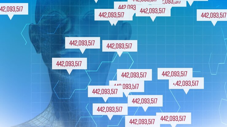 Animation of clouds with rising numbers in it going up with a 3D human body model