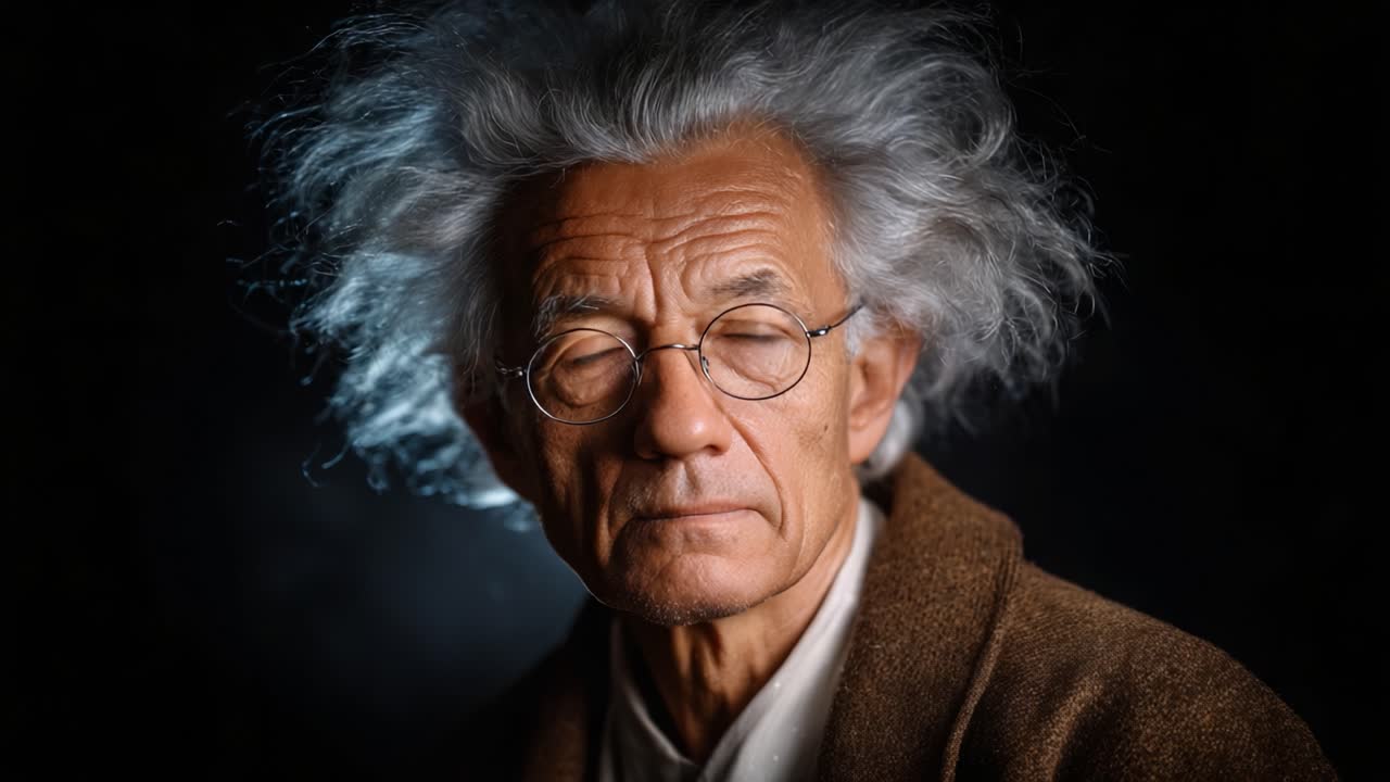 Intriguing Portrait of a Thoughtful Elderly Man with Distinctive Hair and Glasses, Surrounded by Dark Background, Capturing Wisdom and Time's Passage in His Expression