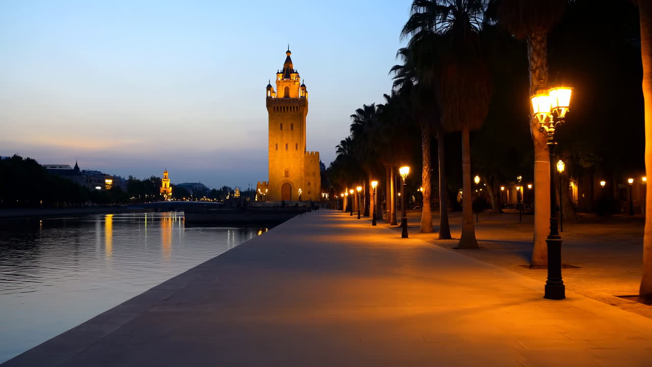 Passeggiata serale lungo il fiume con torre illuminata. Sentiero illuminato da lampioni bordato di palme accanto a un fiume calmo.