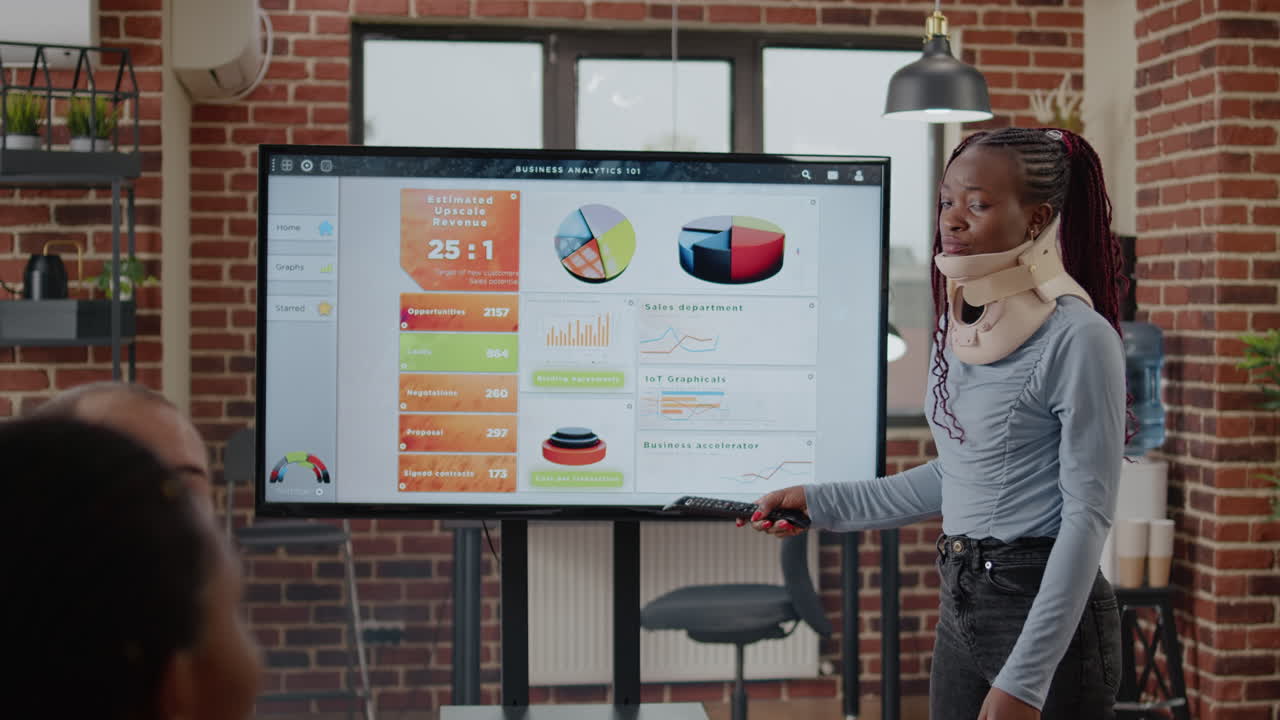 African american business woman in pain with medical neck collar
