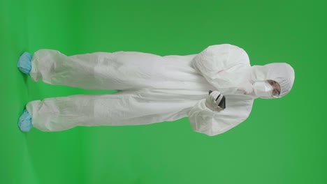 person in protective gear holding phone