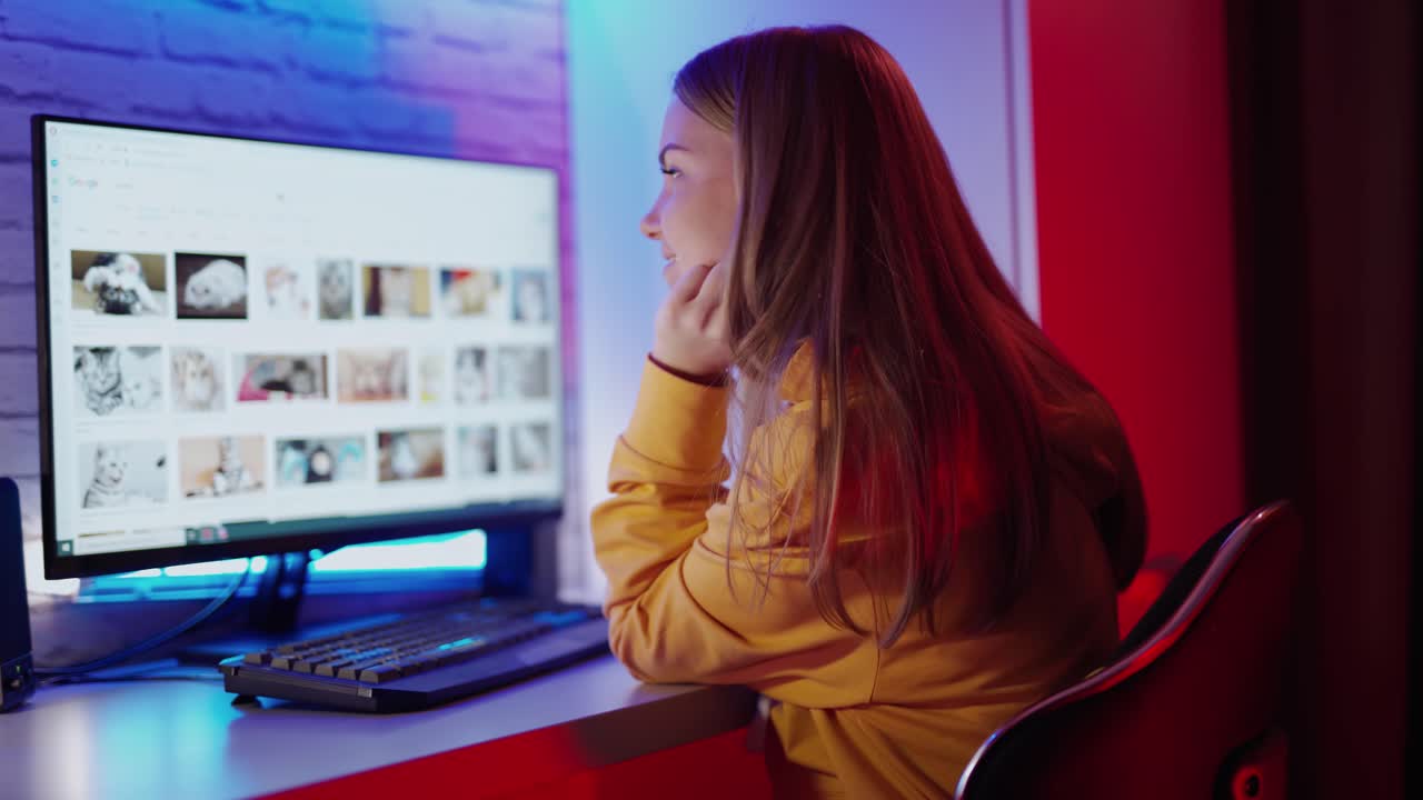 Young girl using computer. Beautiful girl working oncomputer, sitting at table
