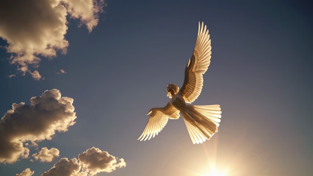 Una serena scena video di una figura angelica che si libra in un cielo illuminato dal sole, ripresa dal basso