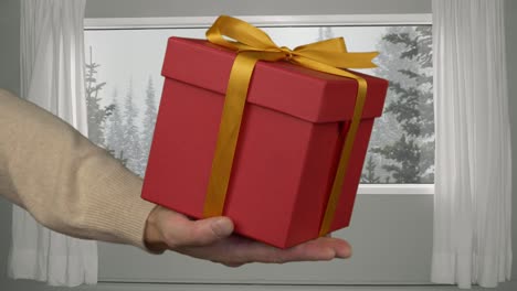 man presenting red gift box on christmas eve, snowfall in forest outside the window