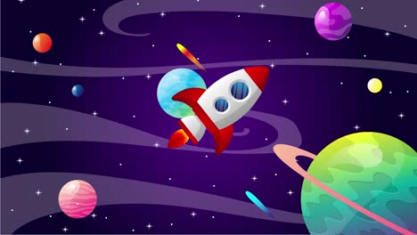 animated, illustration of a cartoon rocket taking off depicting the launch of a product, service, or career with a static background of space and galaxy