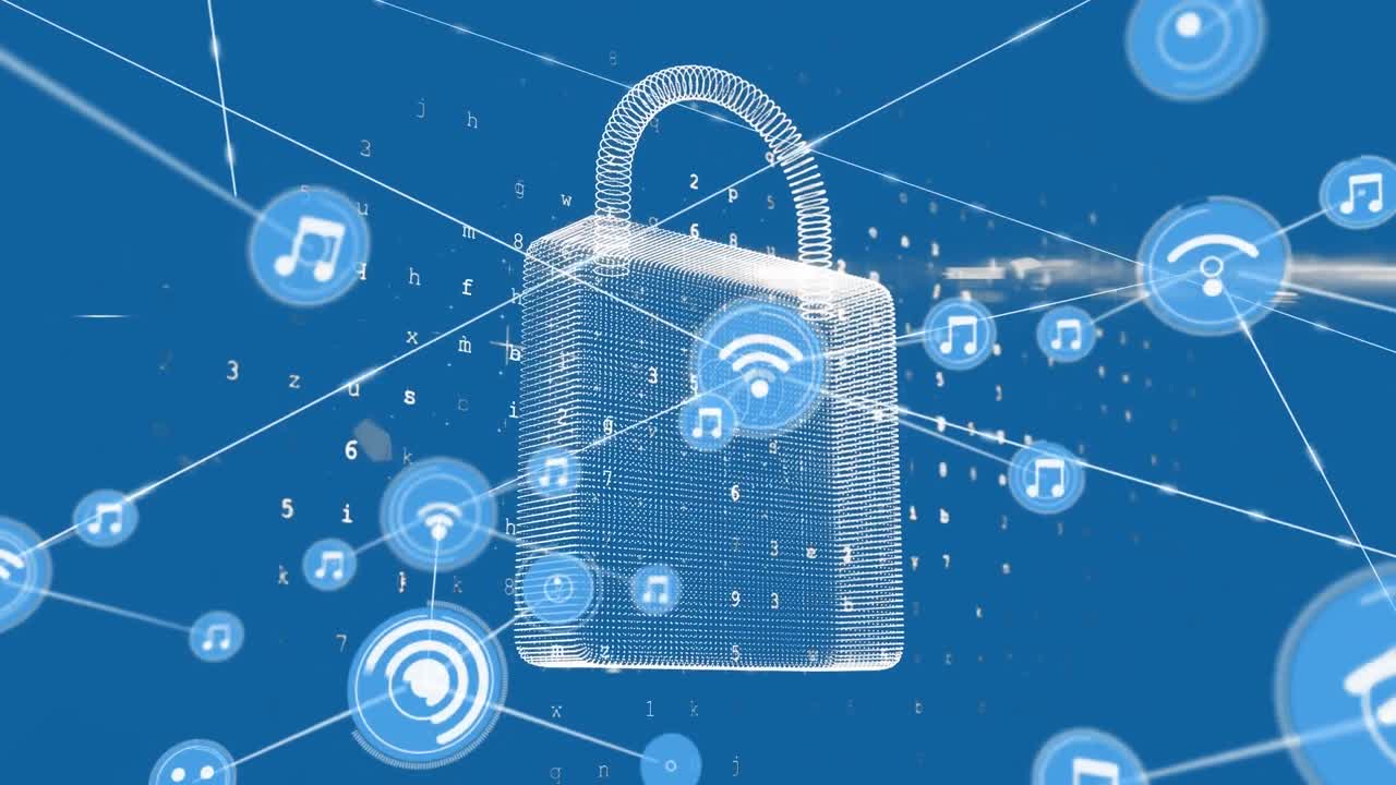 Animation of network of connections over padlock icon and data processing on blue background