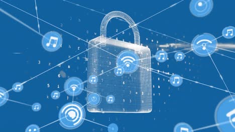 animation of network of connections over padlock icon and data processing on blue background