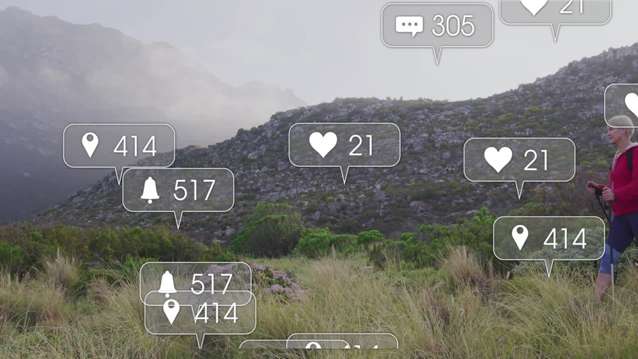 Female hiker trekking through rocky mountain slope, showing floating social media marketing icons
