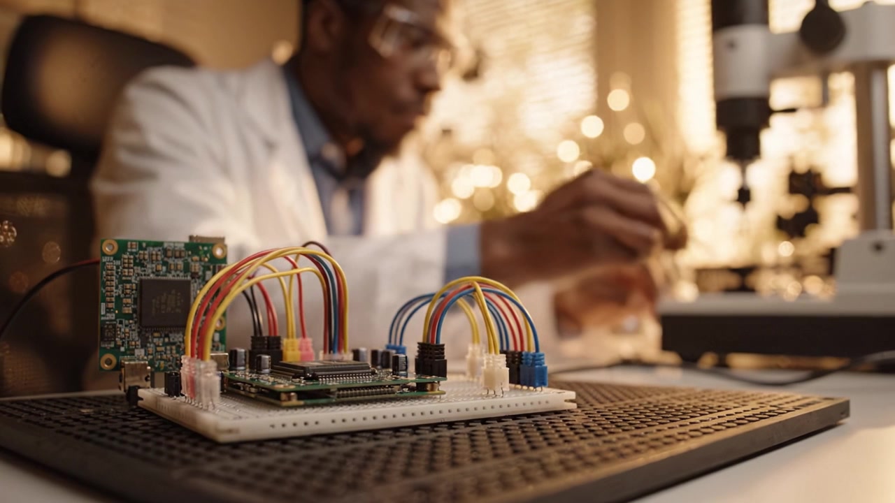 Ricercatore al lavoro su un circuito stampato avanzato in un laboratorio con strumenti e attrezzature, evidenziando l'innovazione nella scienza e nella tecnologia in un ambiente luminoso.