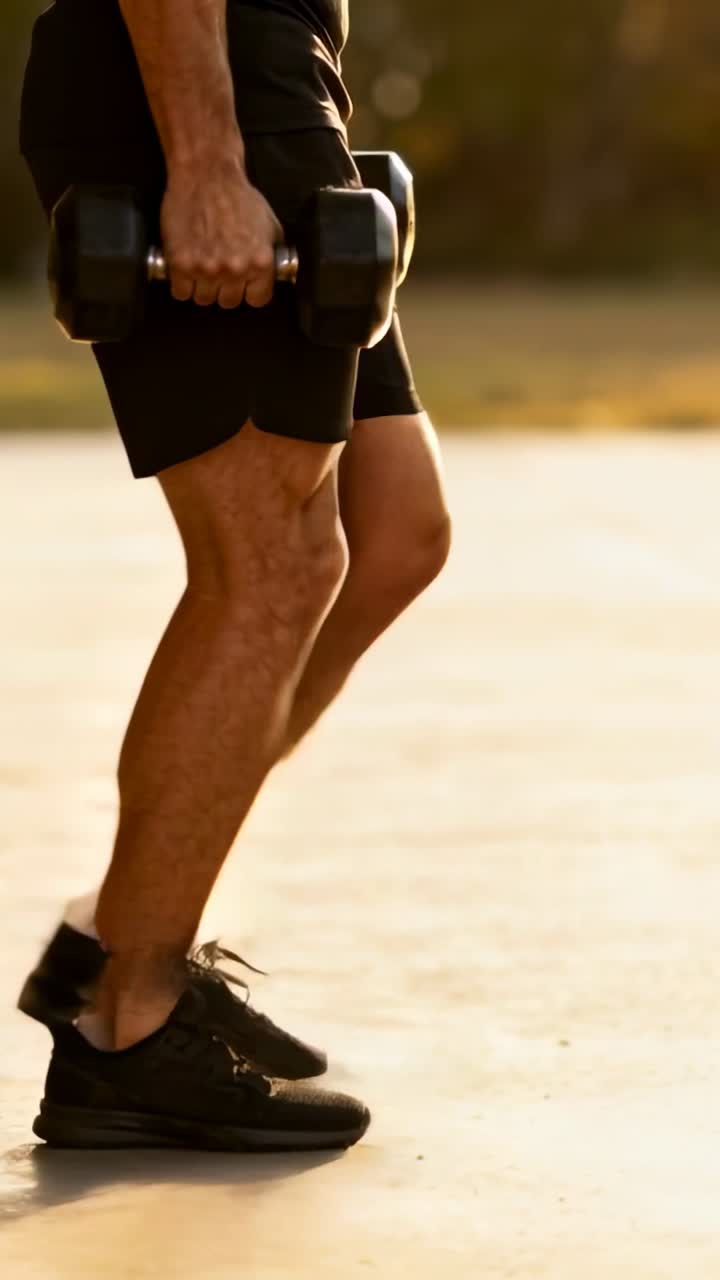Video verticale: Uomo che cammina in pantaloncini neri iniziando l'allenamento su un sentiero pavimentato e illuminato dal sole, tenendo un manubrio