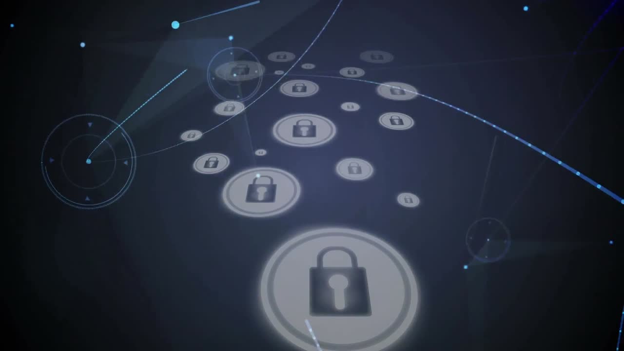 Digital animation of network of connections over multiple security padlock icons on blue background