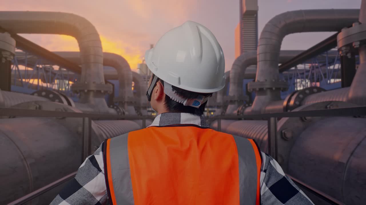 Close Up Back View Of A Male Engineer Wearing Safety Helmet Looking Around While Standing With Arms Akimbo, Industrial Pipeline Network at Sunset