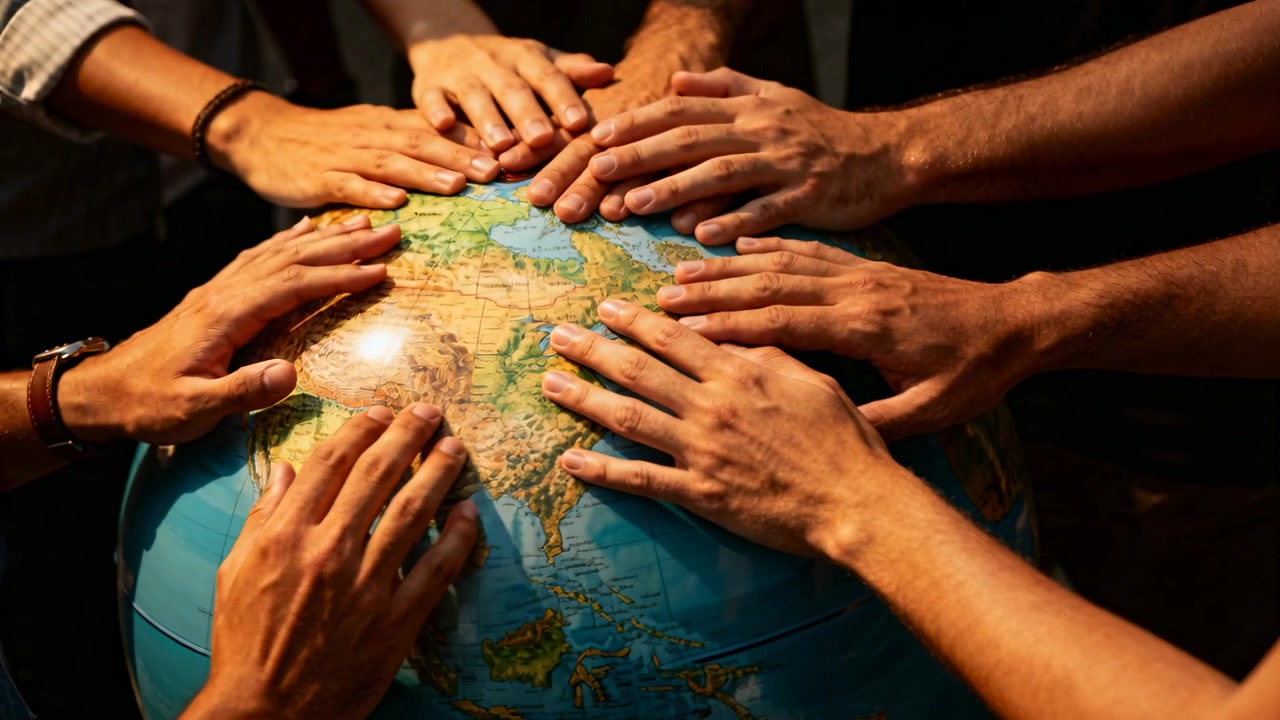 Un gruppo entra nell'inquadratura posizionando le mani su un globo in una stanza in penombra, aggiungendo un pennarello rosso e segnalando unità.