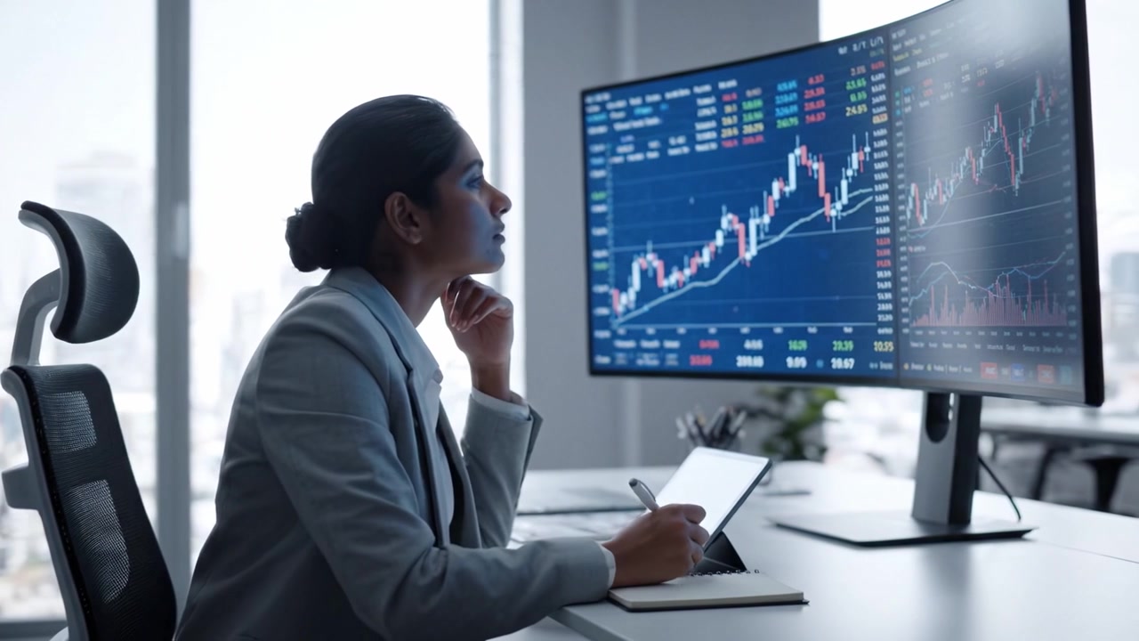 Professionista concentrato che analizza dati finanziari su doppi monitor in un ambiente d'ufficio moderno, illustrando le tendenze di mercato e le opportunità di investimento con osservazioni approfondite.