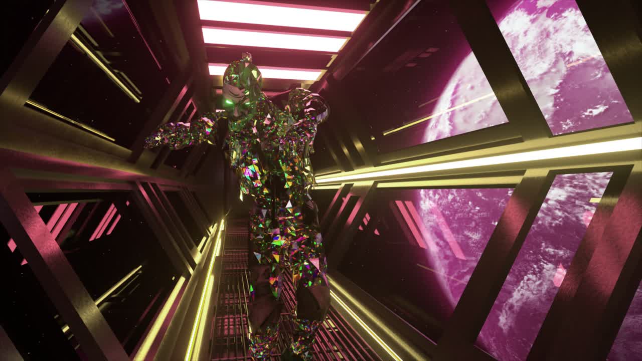 alienígena de cristal en un corredor espacial futurista