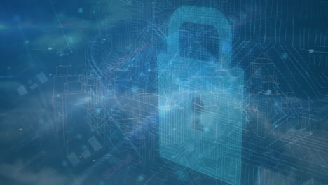 animation of network of connections with data processing over padlock icon