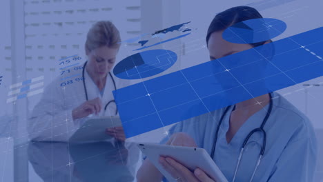 healthcare professionals using tablet with data charts and graphs overlay animation