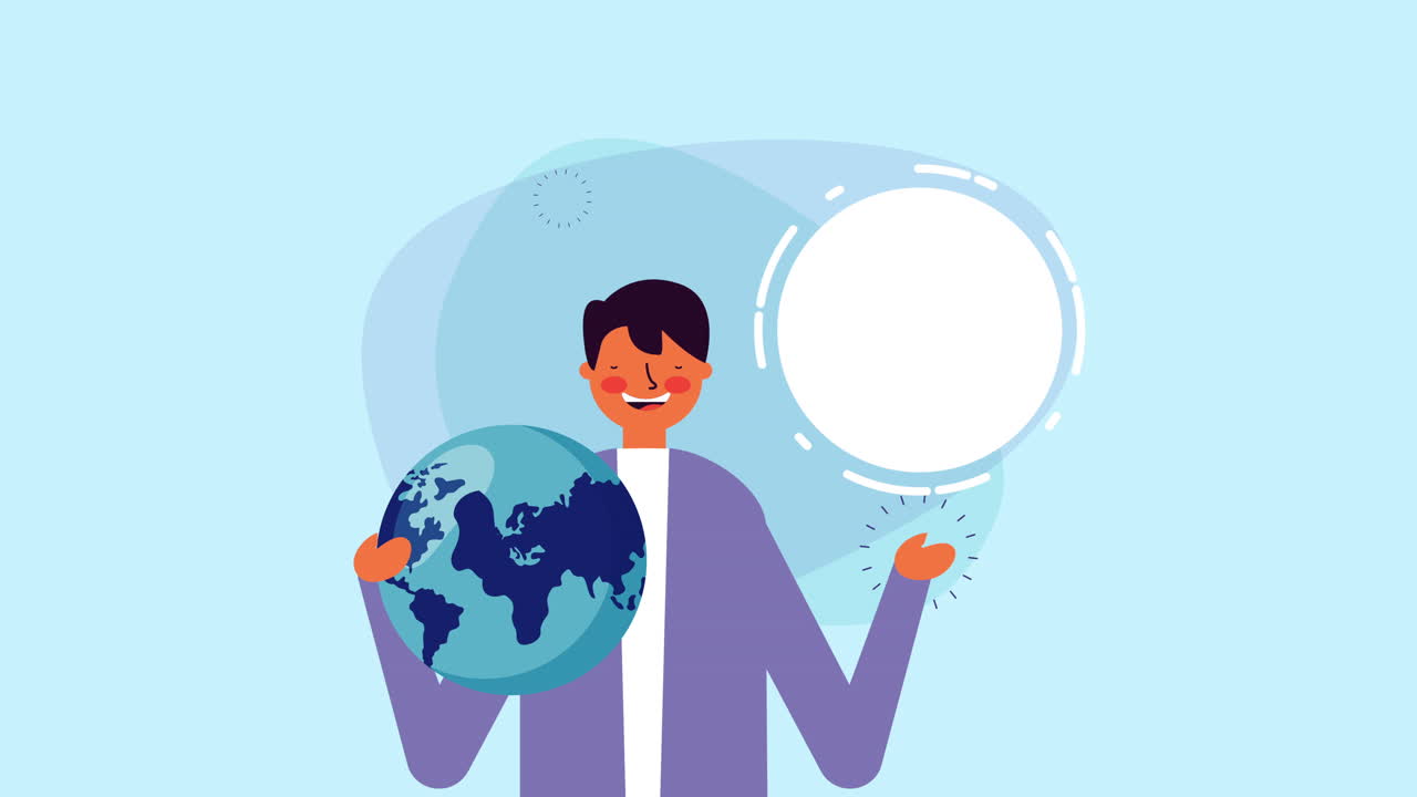 사업가 노동자가 세계 행성을 들어 올리고 화살을 올립니다.