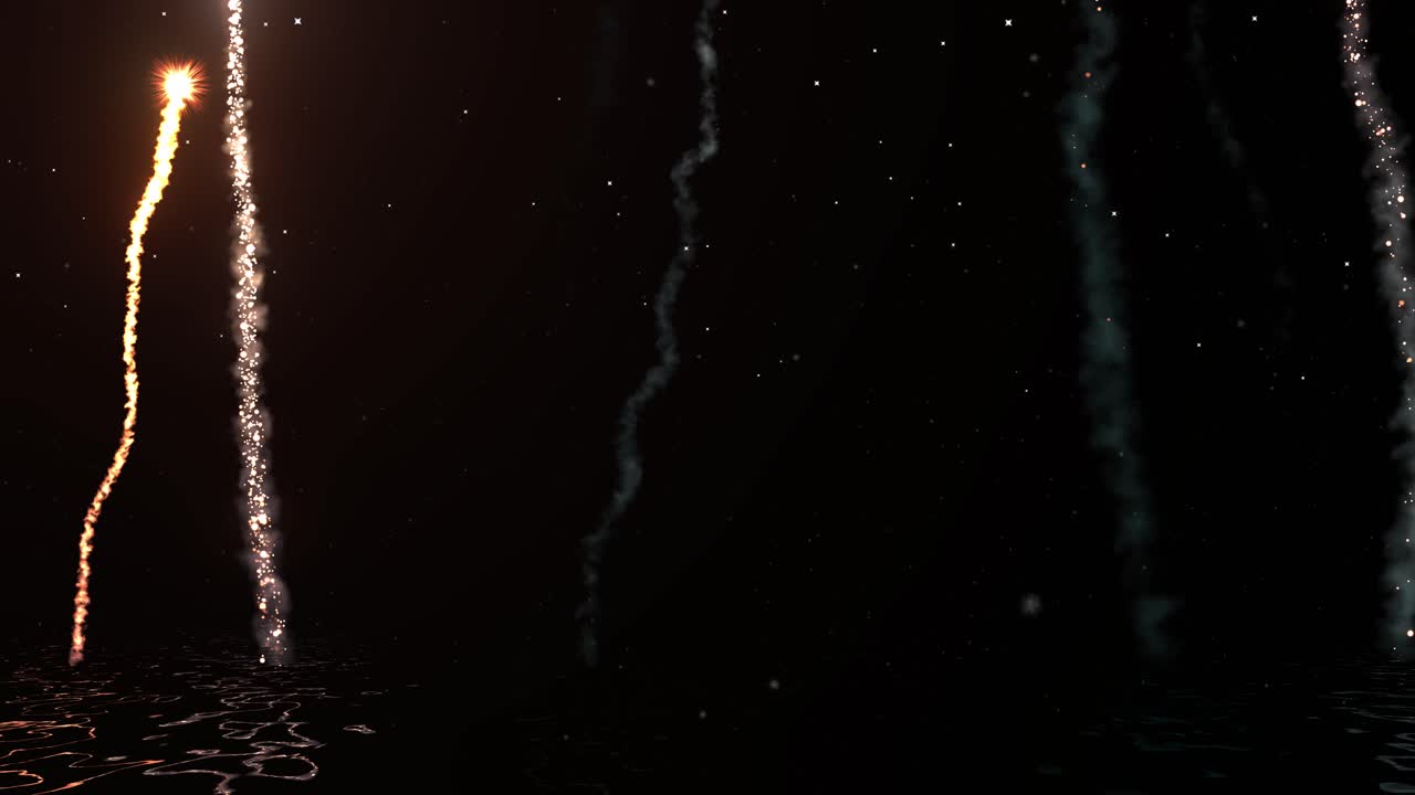 3d 애니메이션 주위에 떠다니는 빛나는 별, 물 반사 및 먼지 입자와 함께 밤하늘의 물 표면에서 발사되는 불꽃놀이