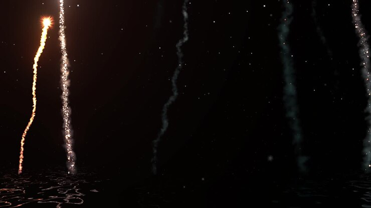 Fuochi d'artificio che si innalzano dalla superficie dell'acqua su un cielo notturno con stelle luminose, riflessi nell'acqua e particelle di polvere che fluttuano, animazione 3D