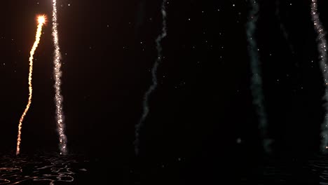 fuegos artificiales disparados desde la superficie del agua en el cielo nocturno con estrellas brillantes, reflejos de agua y partículas de polvo flotando alrededor de la animación 3d