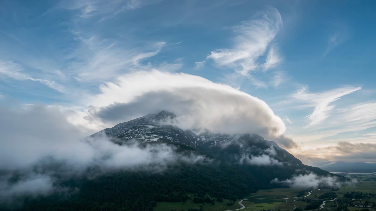 Linsformigt moln bildas över en bergstopp i en alpindal, höga vindar formar molnet och driver dimma