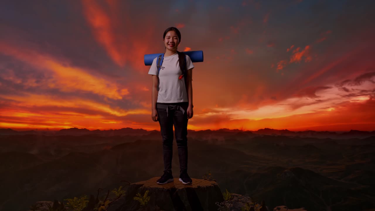 una mujer joven haciendo senderismo al amanecer.