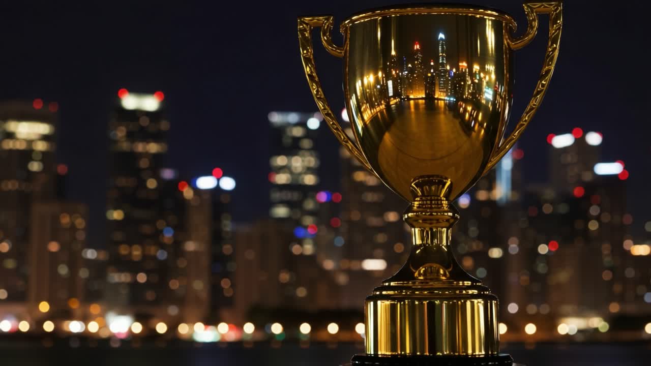 Un maestoso trofeo dorato che brilla nella notte con uno skyline cittadino vivace sullo sfondo, a simboleggiare successo, affermazione e celebrazione
