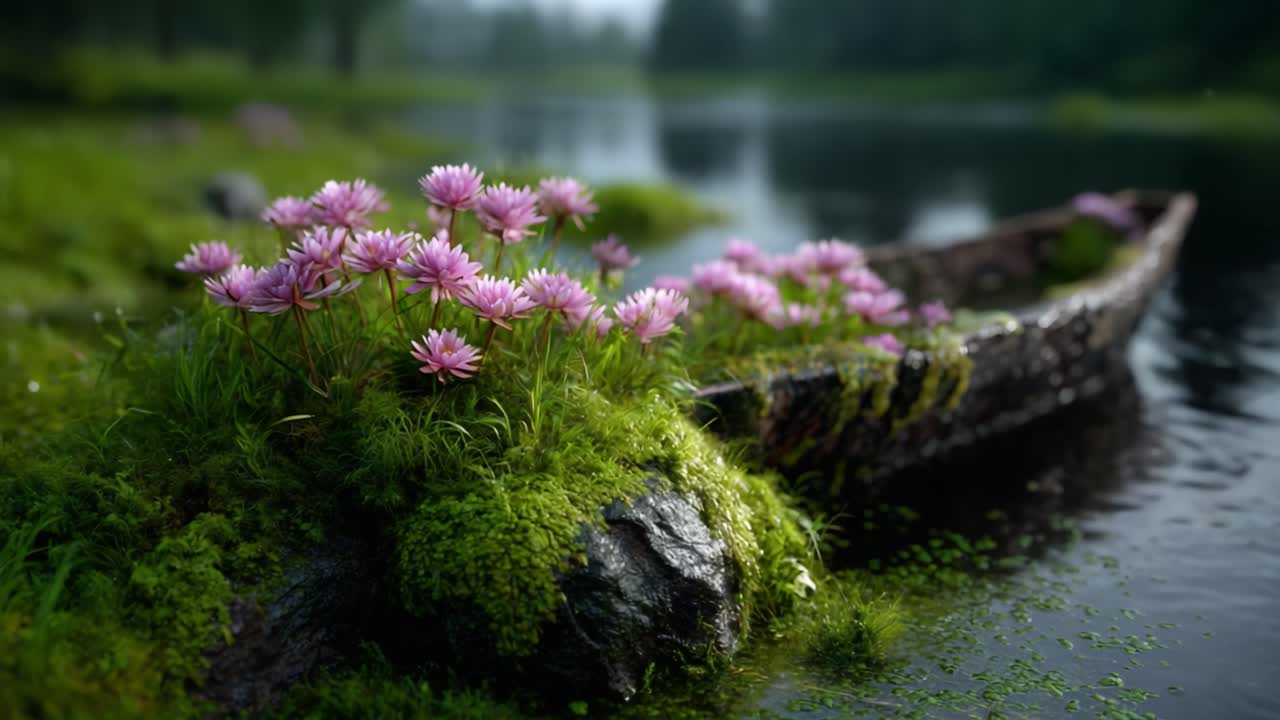 A Tranquil Scene of Nature: A Serene Riverbank with Vibrant Pink Flowers Blooming Alongside a Weathered Boat Surrounded by Lush Greenery in a Misty Landscape