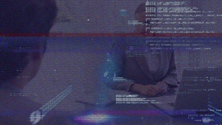 Animation of data processing over caucasian business people in office
