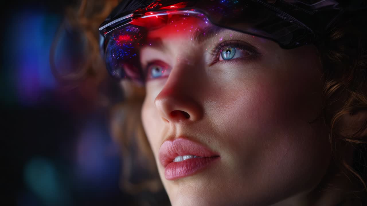 A Close-Up Perspective of a Futuristic Individual Wearing Advanced Augmented Reality Goggles, Showcasing Intricate Details of Their Facial Features and the Sparkling Visuals Reflected in the Lenses