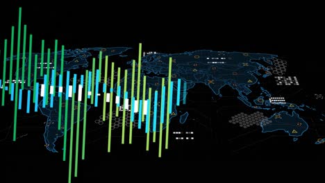 Animation-of-data-processing-over-world-map-against-black-background