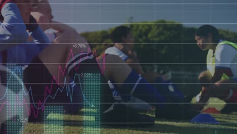 animación del procesamiento de datos financieros sobre diversas jugadoras de fútbol en el campo