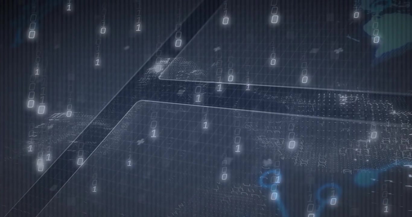 Binary streams appearing at panel tops, cascading panels pulsing key icons showing secure data flow